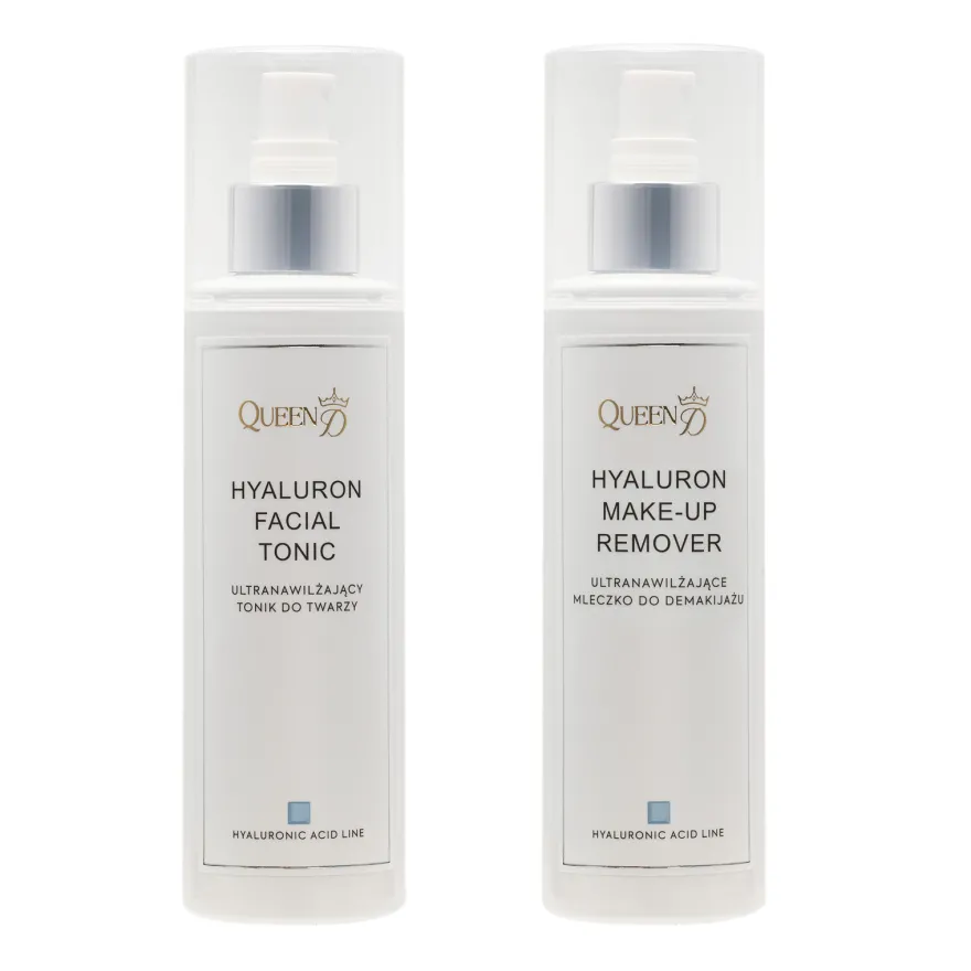 QUEEN D - zestaw do twarzy (Hyaluron Facial Tonik ultranawilżający tonik do twarzy 200ml, Hyaluron Make-Up Remover ultranawilżające mleczko do demakijażu 200ml)