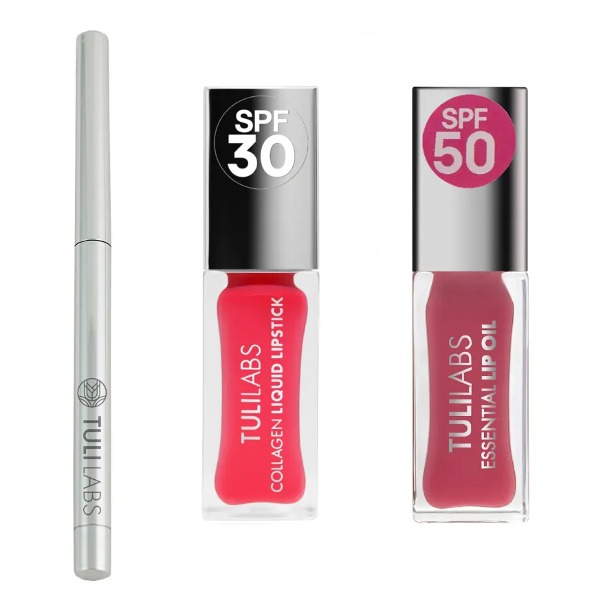 TULI LABS zestaw (kredka do ust 04, pomadka kolagenowa SPF30 Coral Pink 11ml, olejek do ust SPF50 Pinky Mood 7ml)