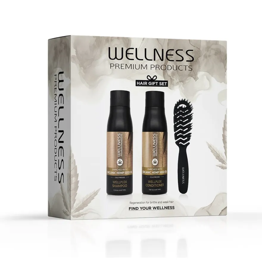 WELLNESS PREMIUM PRODUCTS Wellplex zestaw regenerujący do włosów łamliwych (szampon 500ml | odżywka 500ml | czarna szczotka - mała)