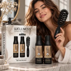 WELLNESS PREMIUM PRODUCTS Wellplex zestaw regenerujący do włosów łamliwych (szampon 500ml | odżywka 500ml | czarna szczotka - mała)