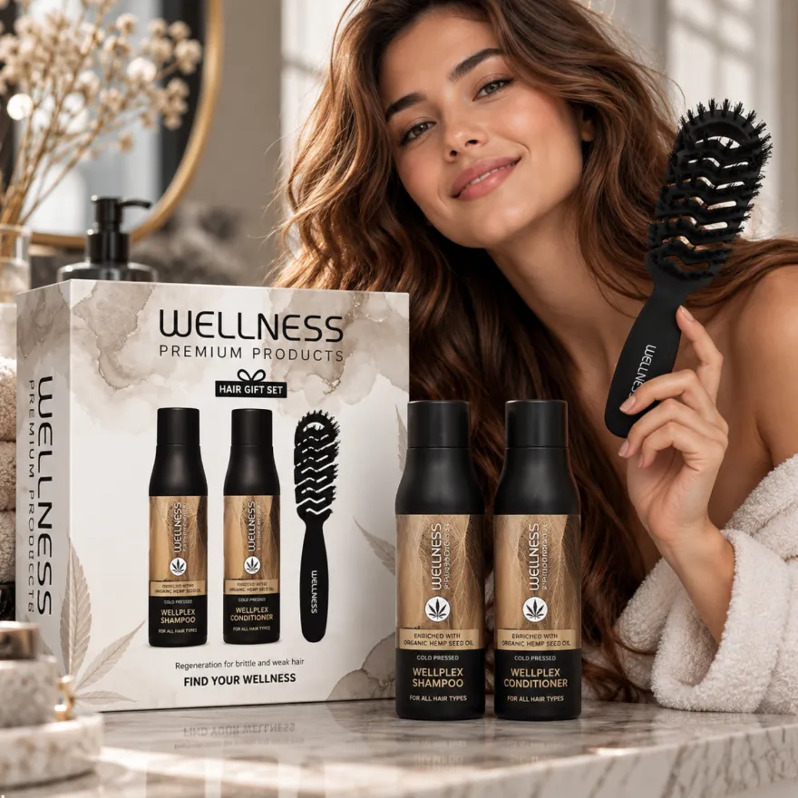 WELLNESS PREMIUM PRODUCTS Wellplex zestaw regenerujący do włosów łamliwych (szampon 500ml | odżywka 500ml | czarna szczotka - mała)