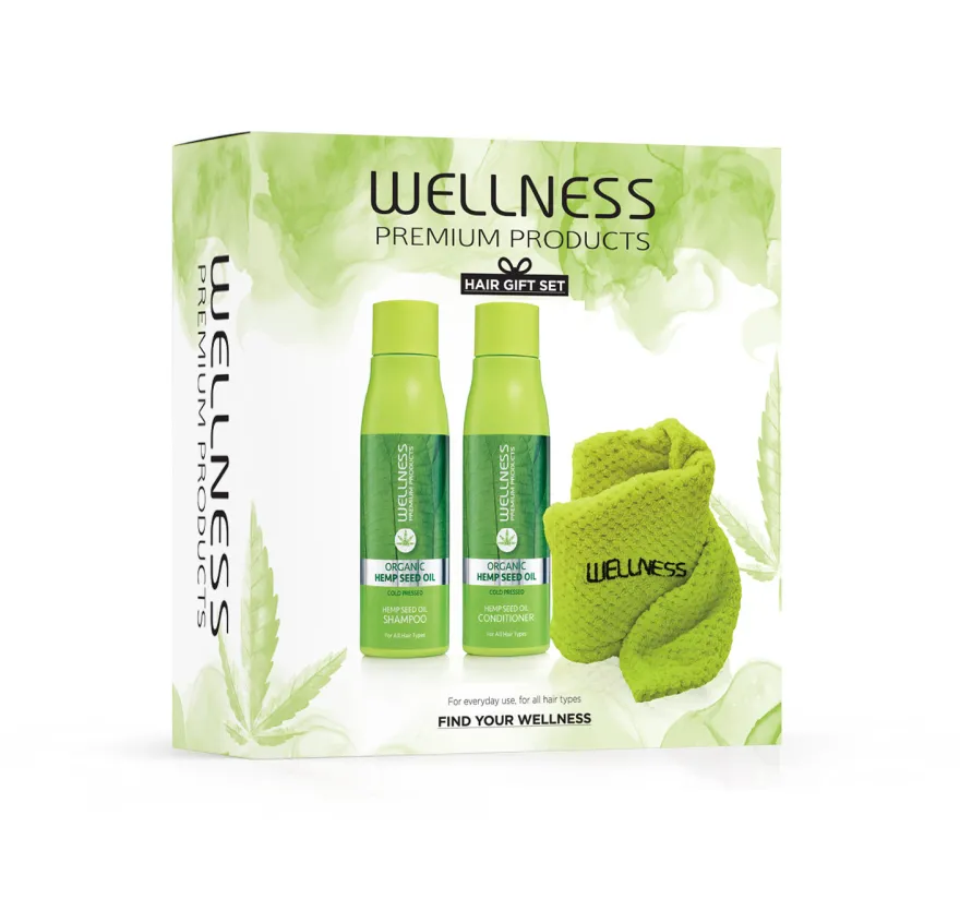 WELLNESS PREMIUM PRODUCTS zestaw zielony (szampon 500ml, odżywka 500ml, zielony turban do włosów)
